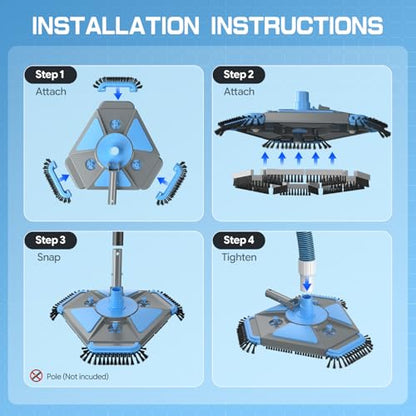 UIRWAY 3-in-1 Deluxe Swimming Pool Cleaning Kit - Includes Upgrade Heavy Duty Triangular Pool Vacuum Head, Detachable Brush, Deep Leaf Skimmer Net Inground & Above Ground Pools Cleaning(No Pole) - size: 13.5" Vacuum Head