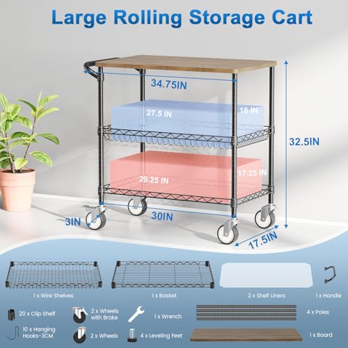 Leteuke Rolling Kitchen Carts with Wheels, 34" L x 17.5" W, 3-Tier Heavy Duty Utility Cart with Wood Tabletop, NSF Commercial Metal Serving Cart with Handle and Shelf Liner for Kitchen, Black - color: Wood-black