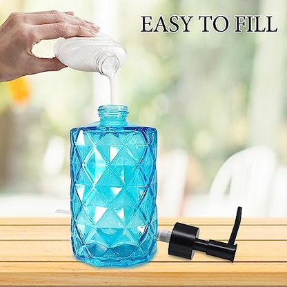 Clear Ocean Blue Glass Soap Dispenser with Plastic Pump, 2 Pack 12oz Diamond Design Bathroom Soap Dispenser for Hand Wash, Lotion Dispenser & Dish Soap Dispenser for Kitchen and Bathroom - color: Diamond Blue