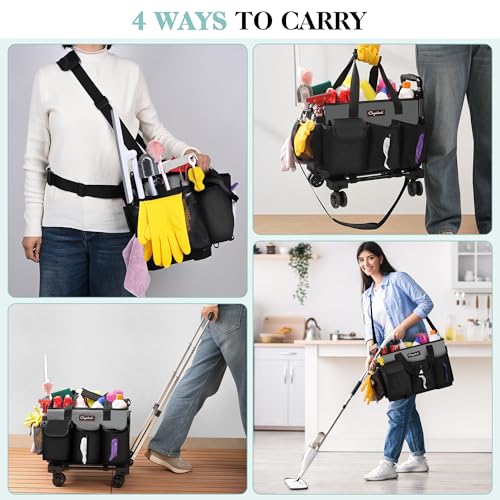Chyaidach Rolling Cleaning Caddy, Cleaning Supplies Organizer with Trolley, Wearable Cleaning Tote Bag on Wheels with Hard Bottom, Cleaning Carts for Housekeepers/Home/Car/Office/Picnic (Grey) - color: Gray