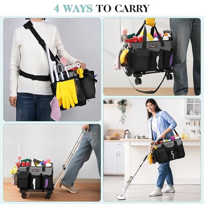 Chyaidach Rolling Cleaning Caddy, Cleaning Supplies Organizer with Trolley, Wearable Cleaning Tote Bag on Wheels with Hard Bottom, Cleaning Carts for Housekeepers/Home/Car/Office/Picnic (Grey) - color: Gray