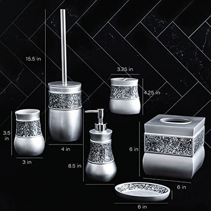 Creative Scents Crackled Glass Silver Bathroom Accessories Set - 6 Piece Bathroom Set Includes: Toilet Brush and Holder Set, Tissue Box Cover, Toothbrush Holder, Soap Dispenser, Soap Dish & Tumbler - style: 6 Pc Set 02