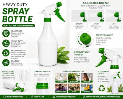 Plastic Spray Bottle, 2 Pack, 32 Oz with Adjustable Nozzle, Heavy Duty Leak Proof Mist Empty Water Bottle Sprayer for Cleaning, Chemicals, Hair, Planting & All-Purpose Use - Red, Blue, Green (Green) - color: Green
