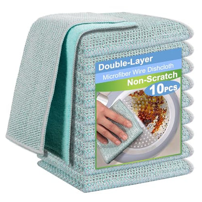 10pcs New Upgrade 2-Layer Microfiber Wire Dishcloth,Non-Scratch Wire Dishwashing Rags for Wet and Dry,Metal Scrubbers, Kitchen Miracle Cleaning Dish Rags for Cookware,Sinks, Dishes,Stove,Blue - color: 10pcs Blue