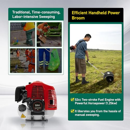 52 CC Sweeper Power Broom Outdoor Sweeper, 2-Stroke 2.3HP Engine Power Snow Sweeping Broom Fuel Engine Artificial, Turf Broom Sweeper's Motor for Street Cleaning, and Farms - size: 52CC 1.25KW