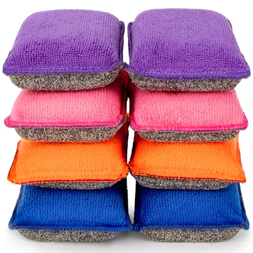 Non Scratch Microfiber Dish Scrubber - Kitchen Sponges 8 Pack Double-Sided Heavy Duty Dish Scrubber with High Density Foam for Washing Dishes, Pots & Sink Cleaning Reusable Sponge Set 4 Colors