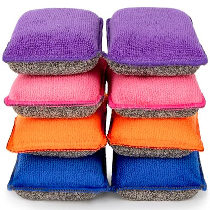 Non Scratch Microfiber Dish Scrubber - Kitchen Sponges 8 Pack Double-Sided Heavy Duty Dish Scrubber with High Density Foam for Washing Dishes, Pots & Sink Cleaning Reusable Sponge Set 4 Colors