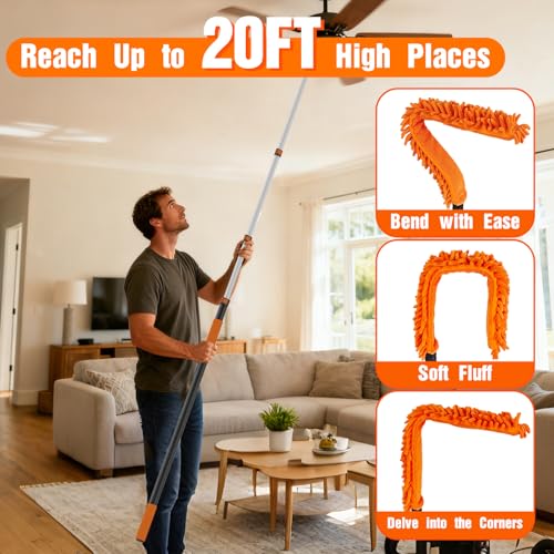 SISUPASSIE 20FT Reach High Ceiling Duster Kit, Window Cleaning kit with 3-12FT Extension Pole, Fan Duster for Ceiling Fan Blades, Microfiber Feather Duster, Rotatable Window Squeegee and Cobweb Duster - size: 12FT