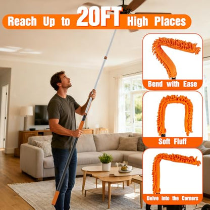 SISUPASSIE 20FT Reach High Ceiling Duster Kit, Window Cleaning kit with 3-12FT Extension Pole, Fan Duster for Ceiling Fan Blades, Microfiber Feather Duster, Rotatable Window Squeegee and Cobweb Duster - size: 12FT