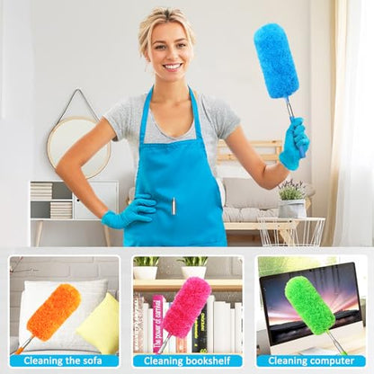 4 Pcs Washable Microfiber Feather Duster, with Extendable Pole and Bendable Head, Microfibre Cleaning Tool for Cleaning Office, Car, Computer, Furniture, Sofa, Blue,green,orange,red