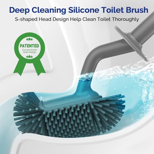 HAMITOR Toilet Bowl Brush Holder Set: Silicone Toilet Cleaner Brush with Curved Design Deep Cleaning Compact Hidden Scrubber for Bathroom Small Space - Modern Rv Toilet Decor Accessories - Gray