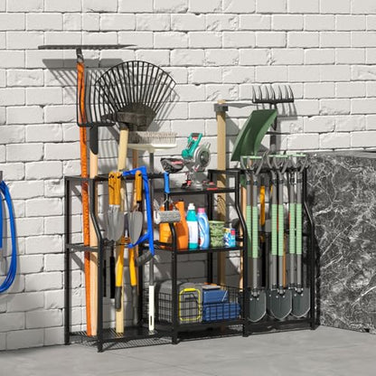 keomaisyto Garden Tool Organizer, Heavy Duty Yard Tool Tower Rack for Garage Organization and Storage, 3 Tier Utility Garden Tool Rack with hooks for Garden/Shed/Garage/Yard/Basement/Lawn - size: XXL-48.45"W x 11.42"D x 30.32"H