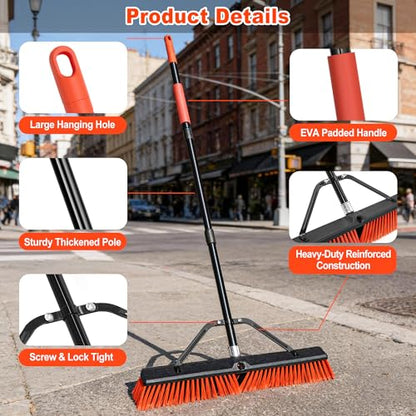 JEHONN 24” Wide Push Broom Outdoor Heavy Duty with 63 inches Long Handle, Stiff Bristle Commercial Industrial Brush for Garage Warehouse Shop Garden Patio Deck Yard Street (Red)