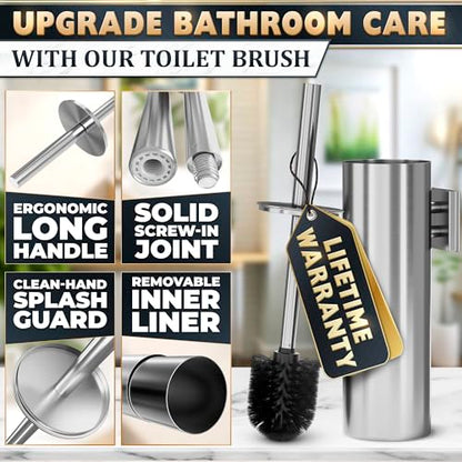 Silver Modern Toilet Brush and Holder Set with Wall Mount - Stainless Steel Toilet Brush with Holder - Removable Inner Bowl, Shiny Design, Splash Protection & Dense Bristles for Bathroom Cleaning - color: Silver Wall-mounted