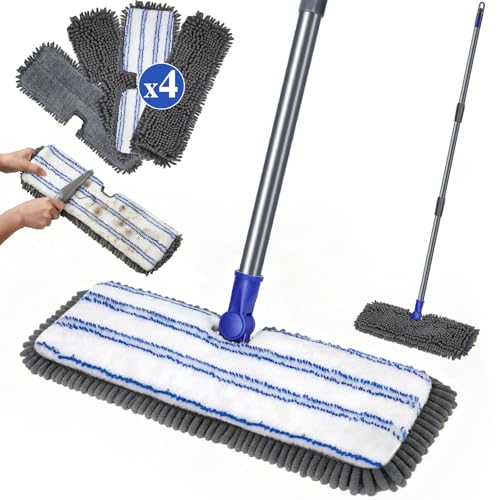 MASTERTOP Microfiber Dust Mop,Double-Sided Flat Mops for Hardwood Floors with 4 Reusable Mop Pads, Floor Mops with Stainless Steel Handle and Extension, Cleaner for Hardwood, Vinyl, Laminate, Tile - color: Blue(16.8"*5.2")