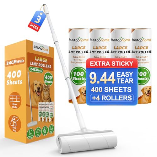 Large Floor Lint Roller with Extendable Long Handle, 9.45" Extra Wide Sticky Roller, 400 Sheets with 3 Refills, Heavy Duty Pet Hair Remover for Floor, Carpet, Couch & Hard-to-Reach Areas - size: 4 Pack Floor Roller
