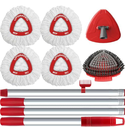 Spin Mop Replace Head for EasyWring 1 Tank,Upgraded Scrub Brush Replacement Head Compatible with Ocedar, 4 Microfiber Refills, 1 Handle, 1 Base and 1 Cleaning Brush Combo Set