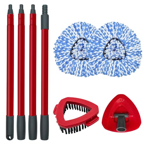 Spin Mop Replace Head, Base, Scrubber, Mop Handle for OCedar RinseClean 2-Tank System, Include 2 Microfiber Mop Refills, 1 Mop Handle, 1 Base and 1 Scrub Brush for Dry Wet Use Floor Deep Cleaning - color: 2 Blue Heads + 1 Set Mop Handle + 1 Base + 2 Brush