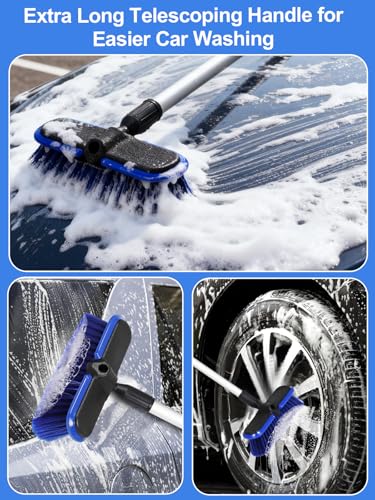 Car Wash Brush with Long Handle 62"/156cm Telescoping Mop Pole 10" /25.4cm Larger Soft Bristle Head for RV Truck SUV Window Glass Tyres Boat Floor Deck House Siding Wall Snow Removal Cleaning Tool