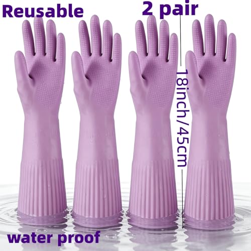 Waterproof Thickened Latex Household Cleaning 18inch Gloves Red Long Sleeved Heavy-duty Reusable 2 Pairs Black - color: Purple, size: Small