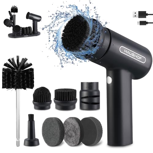 HAUSHOF Electric Spin Scrubber, Cordless Dish Scrubber Brush with 8 Replaceable Heads & 3 Speeds, Power Scrubber Electric Scrubber for Cleaning Kitchen, Sink, Bathroom, Knife Sharpener Included