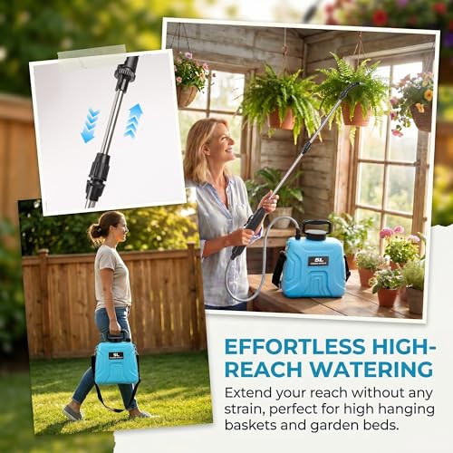 High Reach Plant Waterer with Spray Can - Electric Water Sprayer with Telescopic Wand and Water Hose, 180° Adjustable Nozzle 5L Watering Can for High Hanging Plants
