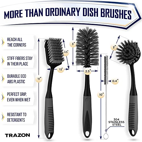 Dish Brush Set of 4 - Kitchen Scrub Brushes with Non-Slip Long Handle for Cleaning, Scrubber, Dishwashing, Dishes, Bottles, Straws, Cups, Pots & Sink, Black - color: Black, Set of 4