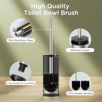 Toilet Brush and Holder Set, Toilet Bowl Brush with Heavy Duty 304 Stainless Steel Base and Extra Long Handle, Toilet Bowl Cleaners Brush for Bathroom (Stainless Steel) - color: Stainless Steel