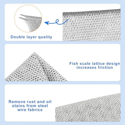 Double Layer Steel Wire Cleaning Cloth with Handle Brush Set, Washable Scrub Pads for Kitchen Cookware, Sink, Oven, Vegetables - color: 10 Pairs of Double-layer Cloths + 2 Thick Brushes