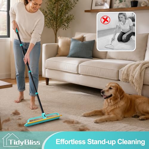 TidyBliss Carpet Rake for Pet Hair Removal Tool, 56.7” Long Handle Silicone Rug Scraper Broom, Double-Sided Dog Cat Fur Comb Brush for Mats, Couch, Furniture, Car Interiors (Blue)