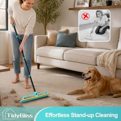 TidyBliss Carpet Rake for Pet Hair Removal Tool, 56.7” Long Handle Silicone Rug Scraper Broom, Double-Sided Dog Cat Fur Comb Brush for Mats, Couch, Furniture, Car Interiors (Blue)