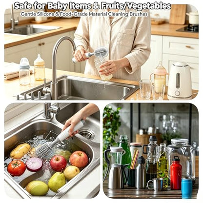 Electric Bottle Brush Set, 6-in-1 Electric Cleaning Brush with Waterproof Silicone Cleaner, 3 Replaceable Brush Heads, Straw Brush & Extension Rod, for Baby Feeding Supplies and Kitchen Utensils - color: Light Grey