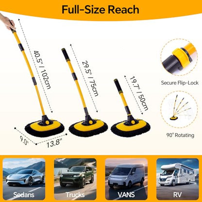 7-in-1 Car Wash Kit with 20L Collapsible Bucket, 15° Curved Mop with 40.5" Long Handle, 0.84mm Reinforced Aluminum Pole, Professional Car Cleaning Supplies for SUV, Trucks & RVs-Yellow. - color: Yellow