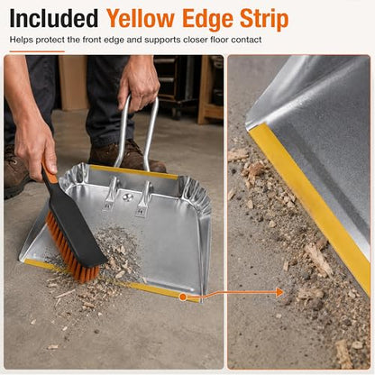 17" Heavy Duty Metal Dust Pan with Brush Set, Large Wide Mouth Dustpan with Stiff Bristle Cleaning Brush for Garage, Yard, Fireplace Ash, Wood Stove, Workshop and Outdoor Cleanup, Silver - size: 1 Count (Pack of 1) with Brush