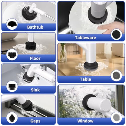 Electric Spin Scrubber, Cordless Shower Scrubber with 7 Replacement Brush Heads, IPX5 Waterproof Bathroom Scrubber with Adjustable Handle, 2 Speed Power Cleaning Brush for Cleaning