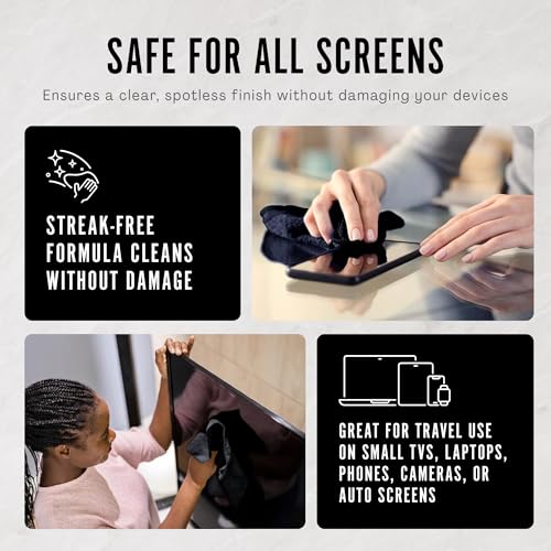 Delete Screen Cleaner Spray Kit, 4 Pack, 2oz Bottle and 12"x12" Microfiber Cleaning Cloth, Streak-Free, Safe and Gentle Formula, Multi-Purpose for Travel, Small TVs, Cameras, Laptops, Phones - style: 4 Pack, 2oz