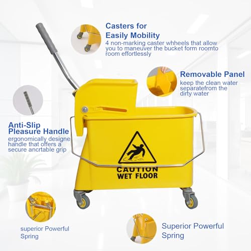 Midoneat Mop Bucket with Wringer, 22 Qt (5.5 Gallon), Handle, Wheels,Floor Cleaning, 16.5" L x 10.6" W x 26.4" H, Yellow,Add One Cotton Mop - size: 22