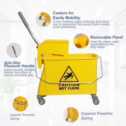 Midoneat Mop Bucket with Wringer, 22 Qt (5.5 Gallon), Handle, Wheels,Floor Cleaning, 16.5" L x 10.6" W x 26.4" H, Yellow,Add One Cotton Mop - size: 22
