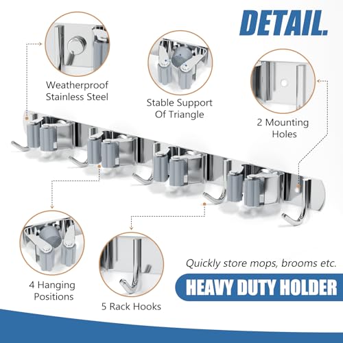 Mop Broom Holder Wall Mount, 4 Racks 5 Hooks Stainless Steel Storage Organizer for Home, Kitchen, Garden, Laundry room, Garage tool storage