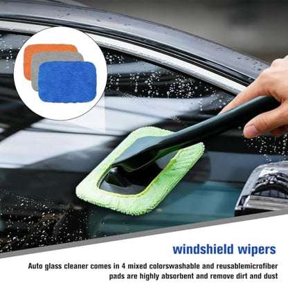 Car Windshield Cleaning Tool, Vehicle Window Wash Brush with 4 Washable and Reusable Microfiber Pads, Extendable Handle Automotive Glass Wiper Cleaning Kit, Universal Fit