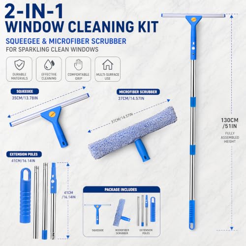 2-in-1 Window Cleaning kit with 51" Extension Poles, Suitable for Indoor & Outdoor Windows, High Glass, High Windows, Multi-Purpose Car Windshield Cleaning(Blue 15.74in - 51.18in) - size: 15.74 - 51.18"