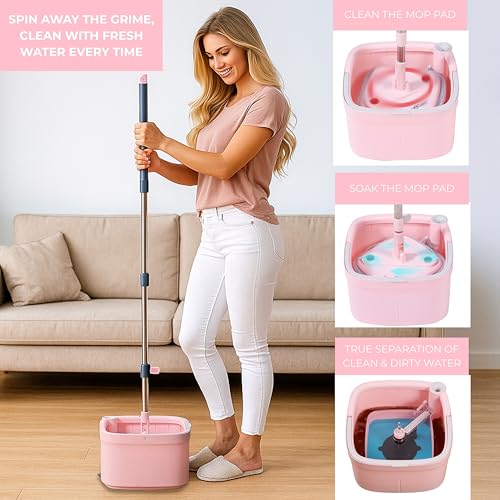 True & Tidy® True Clean Mop and Bucket System, Includes Square Spin, Dual Compartment Mop Bucket and 2 Thick Machine Washable Pads New Upgraded with Side Brush & Self Standing Handle, Rose - size: Spin Mop Rose w/ Side Brush & Self Standing Handle