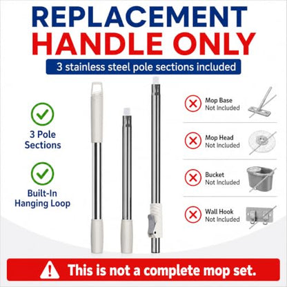 RinseWise Spin Mop Replacement Handle Only, 3-Section Stainless Steel Pole with 35/49/61 in Length Options, Fits All Tsmine FunClean Models, Not Universal, No Mop Head, Base or Bucket - White - color: White