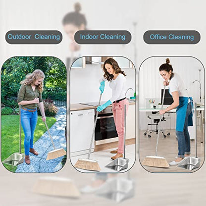 VOOWO Broom and Dustpan Set for Home, Stainless Steel Broom and Dustpan Set with Long Handle, Heavy Duty Dustpan Broom Set Standing Dust Pan Kitchen and Home Indoor Outdoor Broom - color: Silver Broom and Dustpan Set