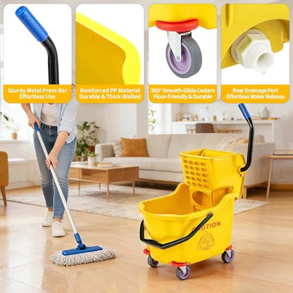 Commercial Mop Bucket with Side Press Wringer on Wheels, 35 Quart Heavy Duty Floor Cleaning Bucket, Industrial Rolling Janitorial Mop Bucket for Offices, Kitchens, Schools - Yellow