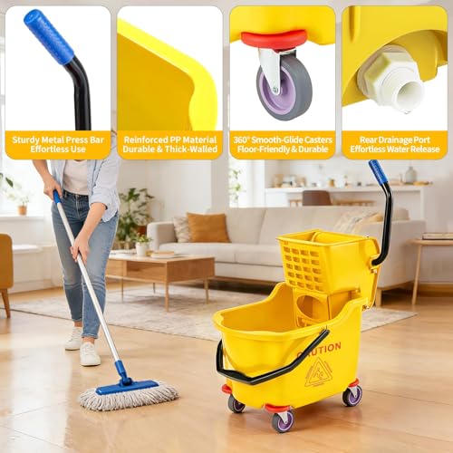 Commercial Mop Bucket with Wheels and Side Press Wringer, 35 Quart Large Capacity Floor Cleaning System for Janitorial, Kitchen, Restaurant, Office & Industrial Use, Yellow