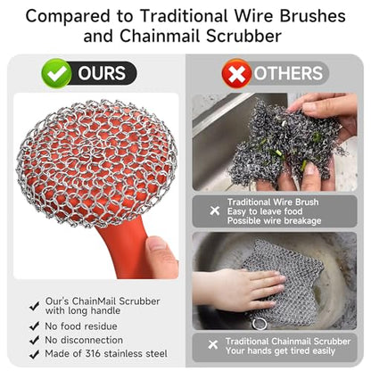 SUBEKYU Cast Iron Scrubber with Silicone Handle, Stainless Steel Skillet Cleaner for Cast Iron Pans (Red Scrubber + Scraper) - color: Red Scrubber + Scraper
