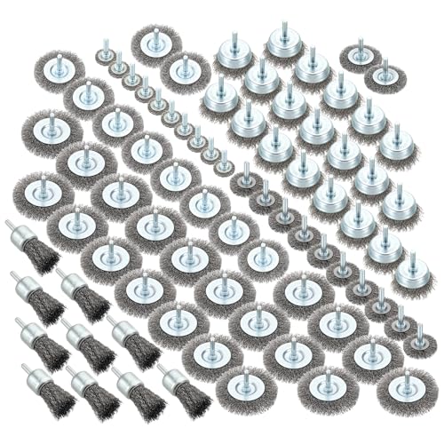 Wire Brush for Drill Set 82Pack, Crimping Steel Wires 0.012" (Carbon Steel) Wire Wheel Cup Pen Brush Drill with 1/4" Round Shank - for Rust, Cleaning, Deburring on Cast Iron - size: 1/1.5/2/2.5/3in