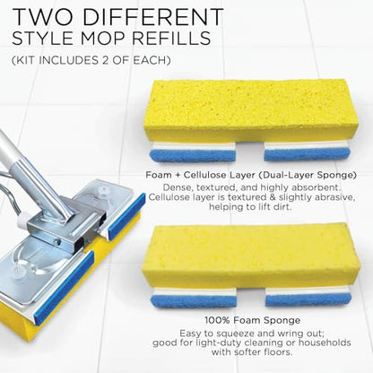 LOLA Squeezematic Butterfly Automatic Sponge Mop, 4 Mop Heads - 2 Foam w/ Cellulose Layer & 2 All Foam, 9" Head w/ Scuff Remover