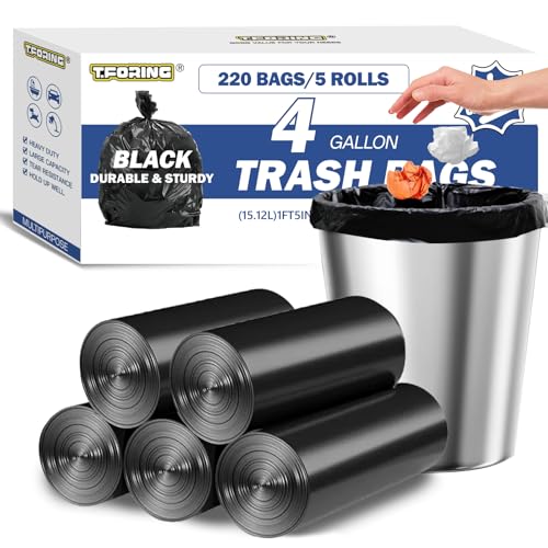 Small Trash Bags 4 Gallon Heavy Duty, 0.94 Mil, Black, 220 Count | 15 Liter Garbage Bag, Plastic Waste Basket Can Liners, Unscented, Leakproof, Tear Resistant, for Bathroom Office Car Bulk - color: 4 Gallon | 220 Count